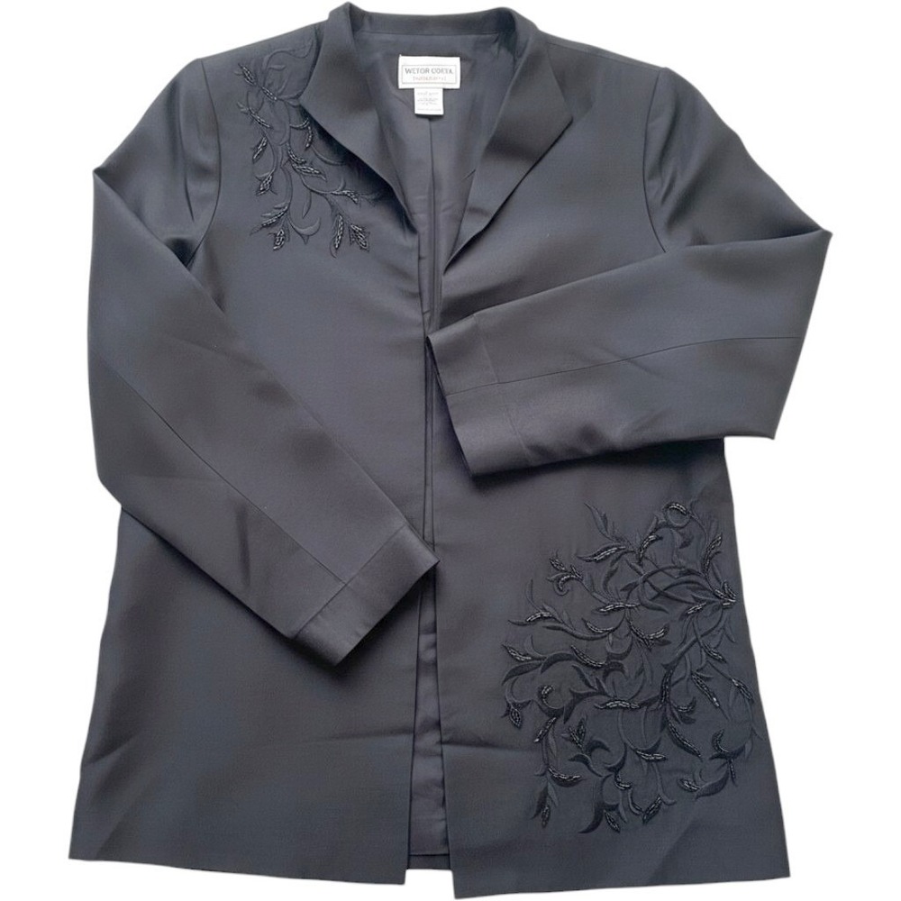 Victor Costa Occasion Jacket Women M Black Silk Beaded Floral Open Front Evening